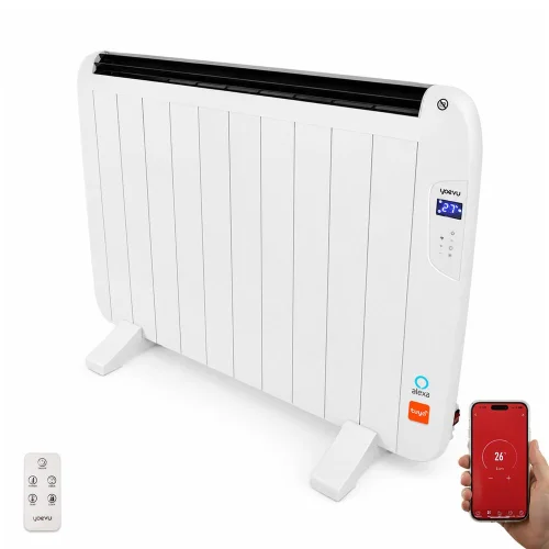 Yoevu - radiador eléctrico bajo consumo - 10 elementos - 1500 w - temporizador - programable - mando a distancia - pantalla lcd - app control wifi - compatible con alexa - apto pared o pie - aluminio - blanco