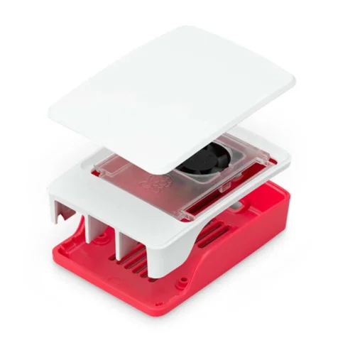 Carcasa raspberry pi 5 con ventilador roja y blanca