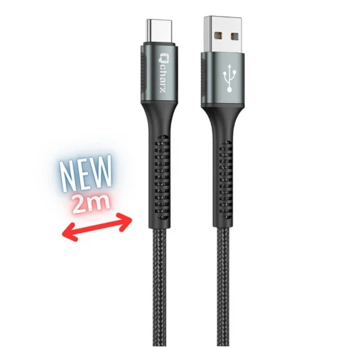 Cable qcharx prague usb tipo c a usb tipo a - 2m - aleacion de aluminio negro cordon de tela suave