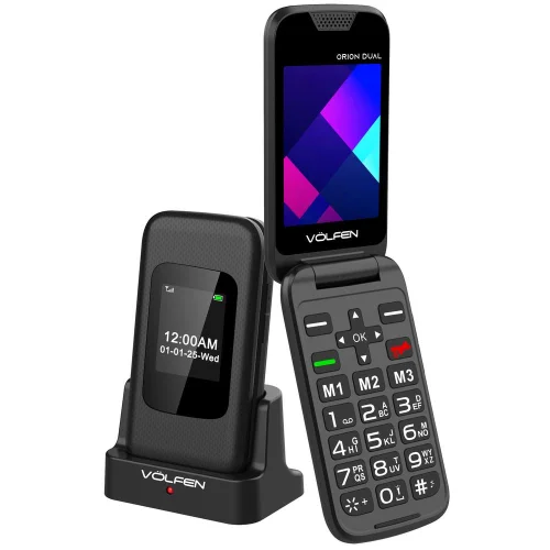 Telefono movil volfen orion dual max tipo concha negro base de carga